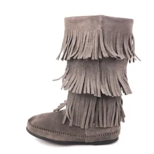 Minnetonka Gray Suede 3-Layer Fringe Moccasin Boots 7