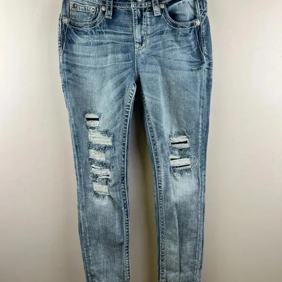 Miss Me Jeans 28 Mid Rise Ankle Skinny Distressed Embroidered Aztec Pockets WMNS