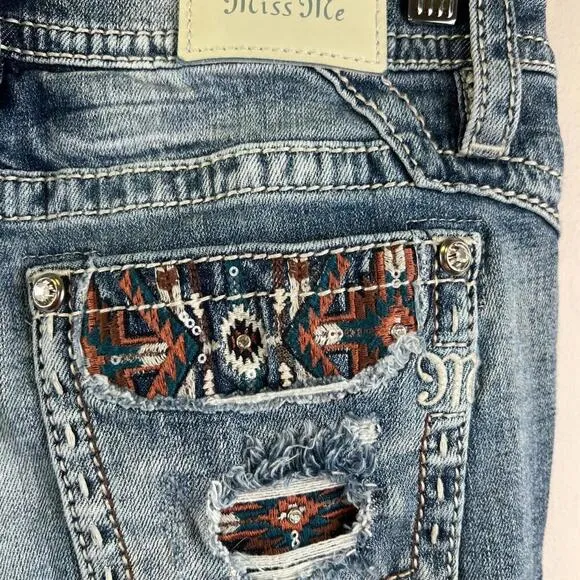 Miss Me Jeans 28 Mid Rise Ankle Skinny Distressed Embroidered Aztec Pockets WMNS