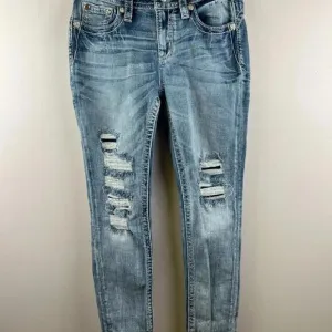 Miss Me Jeans 28 Mid Rise Ankle Skinny Distressed Embroidered Aztec Pockets WMNS
