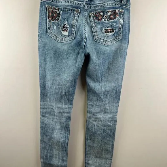 Miss Me Jeans 28 Mid Rise Ankle Skinny Distressed Embroidered Aztec Pockets WMNS