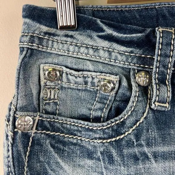 Miss Me Jeans 28 Mid Rise Ankle Skinny Distressed Embroidered Aztec Pockets WMNS