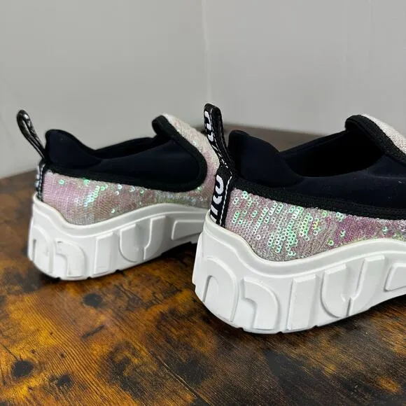 Miu Miu Pink Sequin Neoprene Slip On Sneakers Size 38