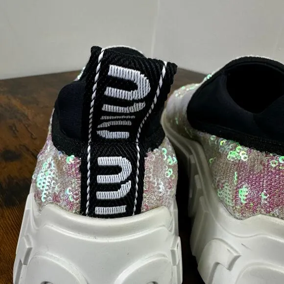Miu Miu Pink Sequin Neoprene Slip On Sneakers Size 38