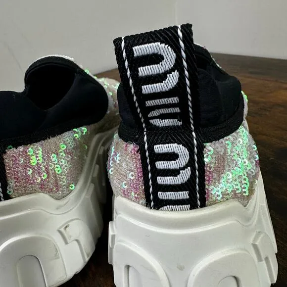 Miu Miu Pink Sequin Neoprene Slip On Sneakers Size 38