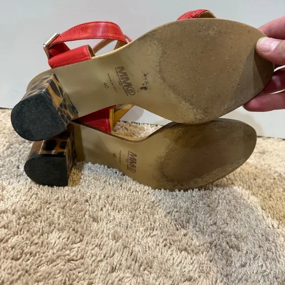 MM6 Maison Martin Margiela Red Leather Buckle Leopard Heel Sandals 40
