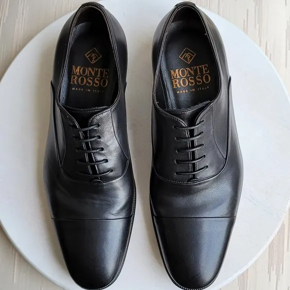Monte Rosso Lazio Made In Italy Black Leather Cap Toe Oxford Dress Shoes Sz 8.5M