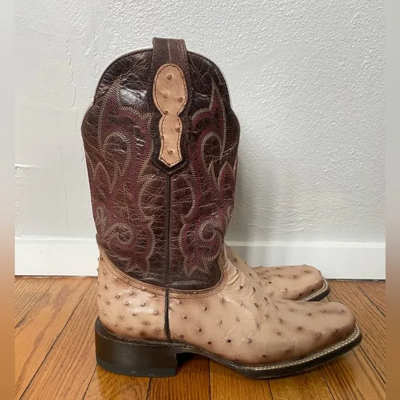 Moreria Men’s Snip Toe Full Quill Ostrich Brown and Tan Western Cowboy B…