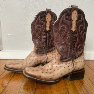 Moreria Men’s Snip Toe Full Quill Ostrich Brown and Tan Western Cowboy B…