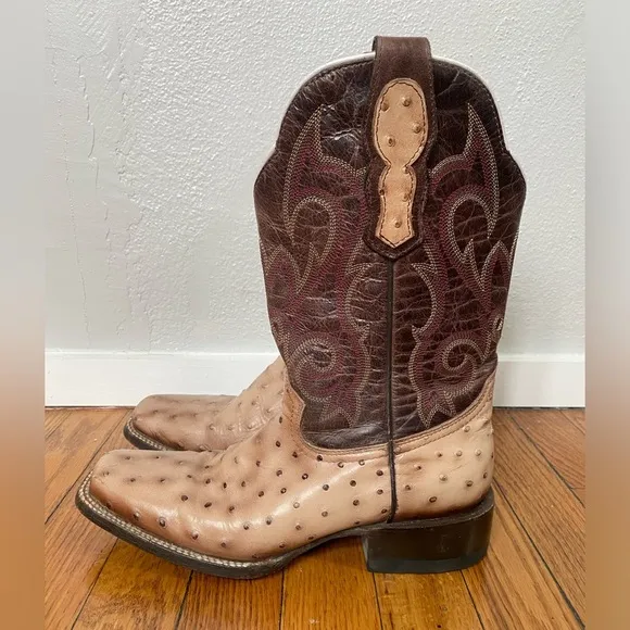 Moreria Men’s Snip Toe Full Quill Ostrich Brown and Tan Western Cowboy B…
