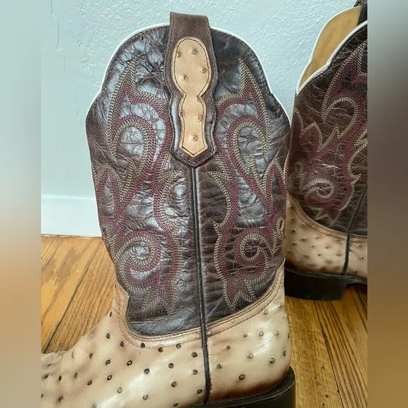 Moreria Men’s Snip Toe Full Quill Ostrich Brown and Tan Western Cowboy B…