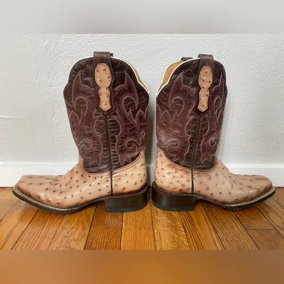 Moreria Men’s Snip Toe Full Quill Ostrich Brown and Tan Western Cowboy B…