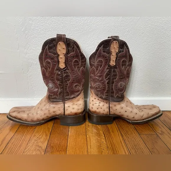 Moreria Men’s Snip Toe Full Quill Ostrich Brown and Tan Western Cowboy B…