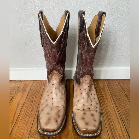 Moreria Men’s Snip Toe Full Quill Ostrich Brown and Tan Western Cowboy B…