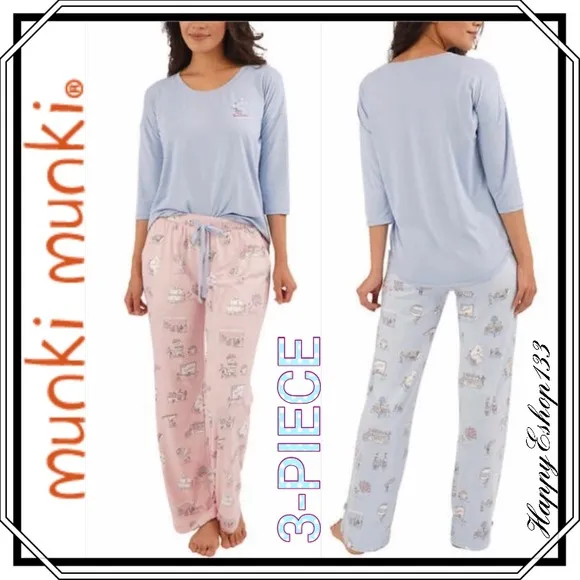 Munki Munki Lounge Pjs Set, 3-Piece, Blue &amp; Pink