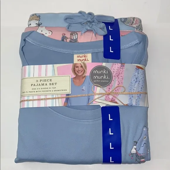 Munki Munki Lounge Pjs Set, 3-Piece, Blue &amp; Pink