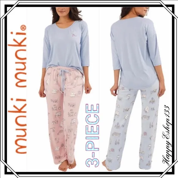 Munki Munki Lounge Pjs Set, 3-Piece, Blue &amp; Pink