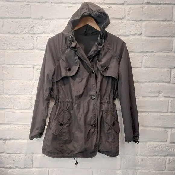 Naf Naf Softshell Jacket Womens XS Gray Lightweight  Hooded Trench Coat Parka