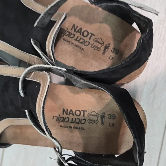 Naot Women's Leather Ankle Leather Black&amp; Silver Wedge Sandals Shoes Sz 39/8