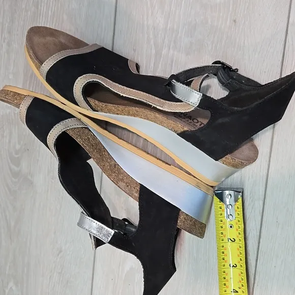 Naot Women's Leather Ankle Leather Black&amp; Silver Wedge Sandals Shoes Sz 39/8