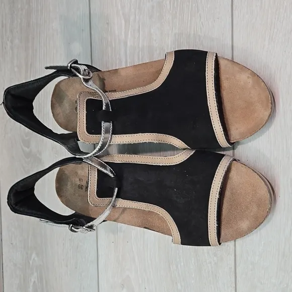 Naot Women's Leather Ankle Leather Black&amp; Silver Wedge Sandals Shoes Sz 39/8