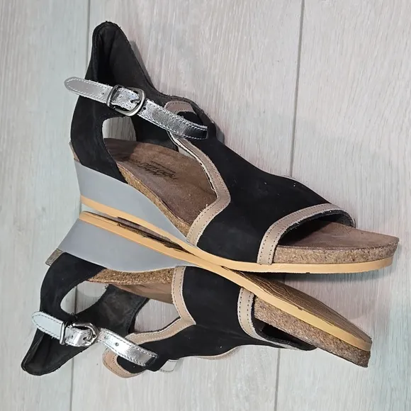 Naot Women's Leather Ankle Leather Black&amp; Silver Wedge Sandals Shoes Sz 39/8