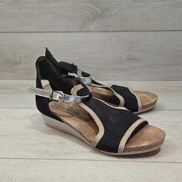 Naot Women's Leather Ankle Leather Black&amp; Silver Wedge Sandals Shoes Sz 39/8