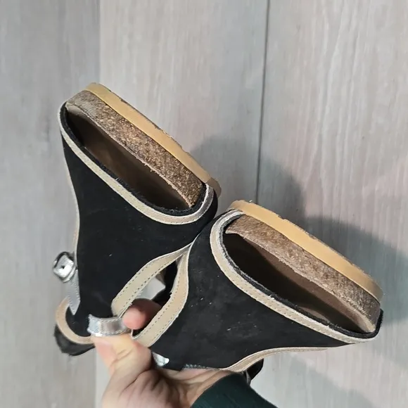 Naot Women's Leather Ankle Leather Black&amp; Silver Wedge Sandals Shoes Sz 39/8