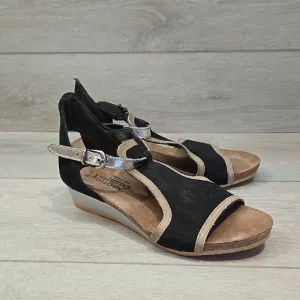 Naot Women's Leather Ankle Leather Black&amp; Silver Wedge Sandals Shoes Sz 39/8