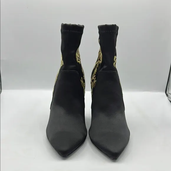 Natori Neko Satin Black and Gold Heeled Boots with Ornate Design NEW