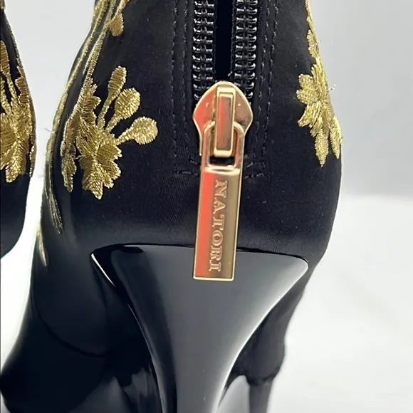 Natori Neko Satin Black and Gold Heeled Boots with Ornate Design NEW
