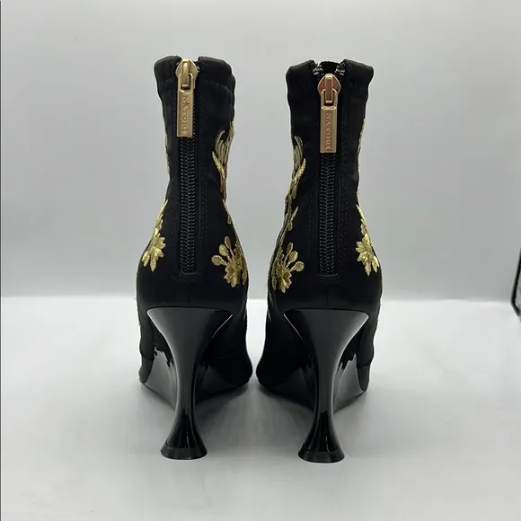 Natori Neko Satin Black and Gold Heeled Boots with Ornate Design NEW