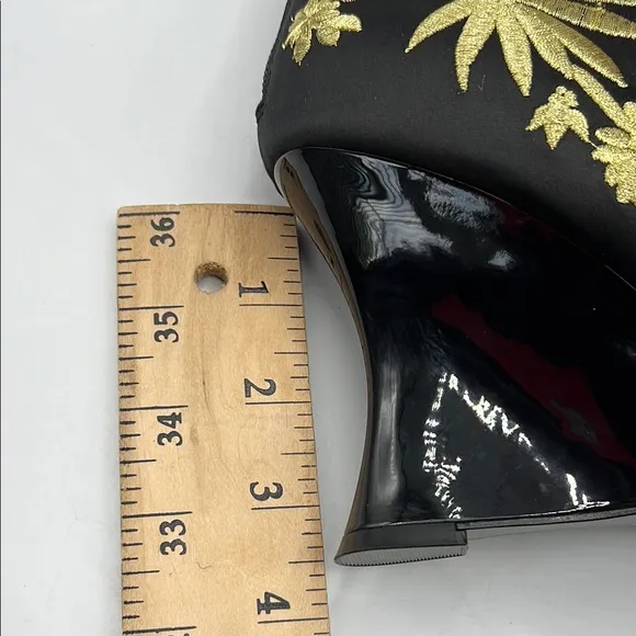 Natori Neko Satin Black and Gold Heeled Boots with Ornate Design NEW
