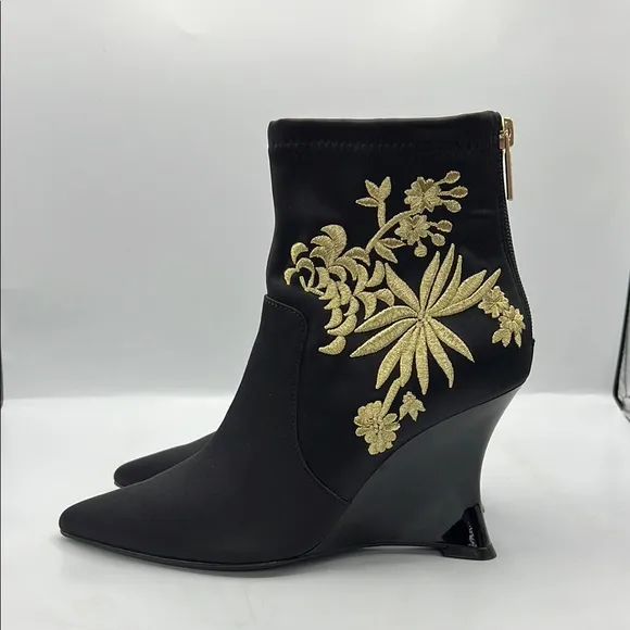 Natori Neko Satin Black and Gold Heeled Boots with Ornate Design NEW