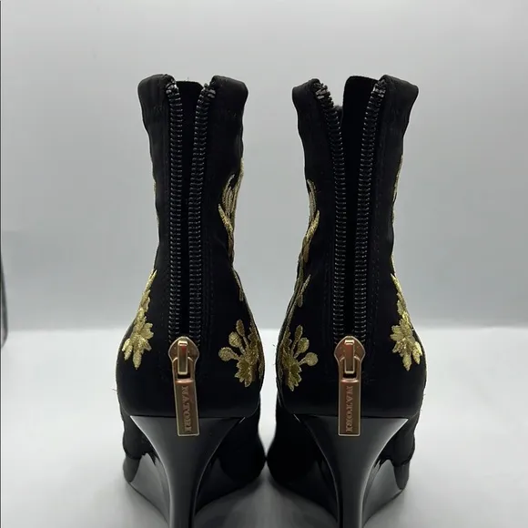 Natori Neko Satin Black and Gold Heeled Boots with Ornate Design NEW