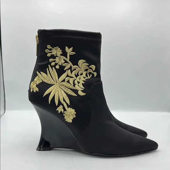 Natori Neko Satin Black and Gold Heeled Boots with Ornate Design NEW