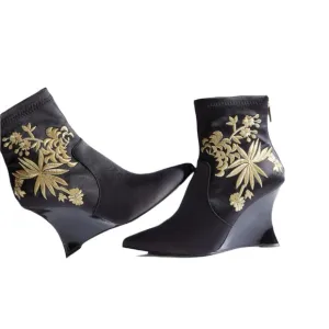 Natori Neko Satin Black and Gold Heeled Boots with Ornate Design NEW