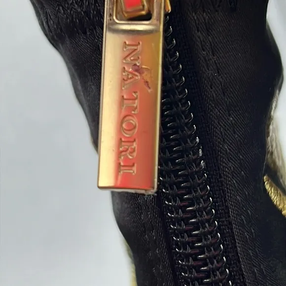 Natori Neko Satin Black and Gold Heeled Boots with Ornate Design NEW