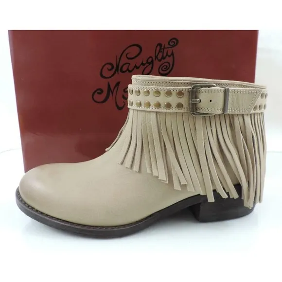 Naughty Monkey Amigo Fringe Ankle Booties Studs Leather Nude Size 7.5