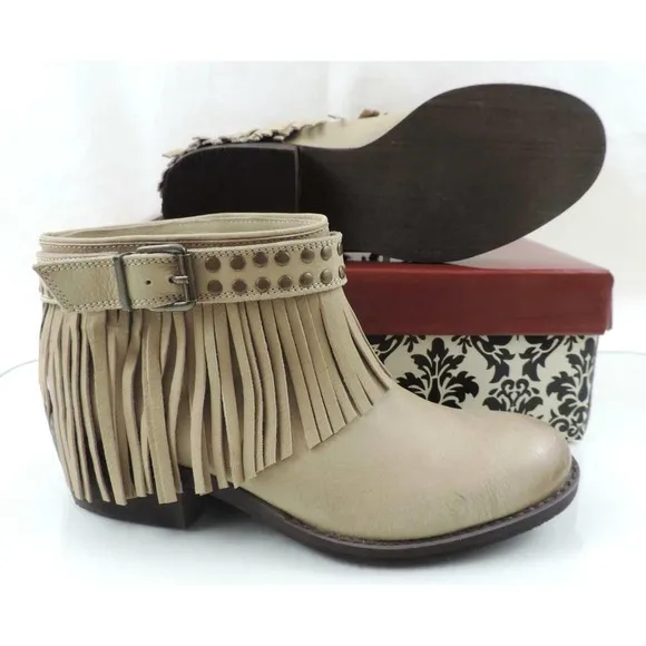 Naughty Monkey Amigo Fringe Ankle Booties Studs Leather Nude Size 7.5