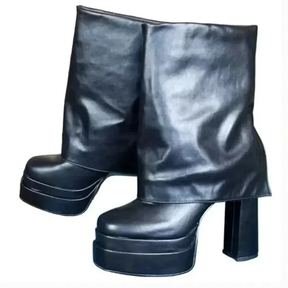 NEW AZALEA WANG Black Faux Leather 'Baby' Foldover Platform Chunky Heel Boots 9