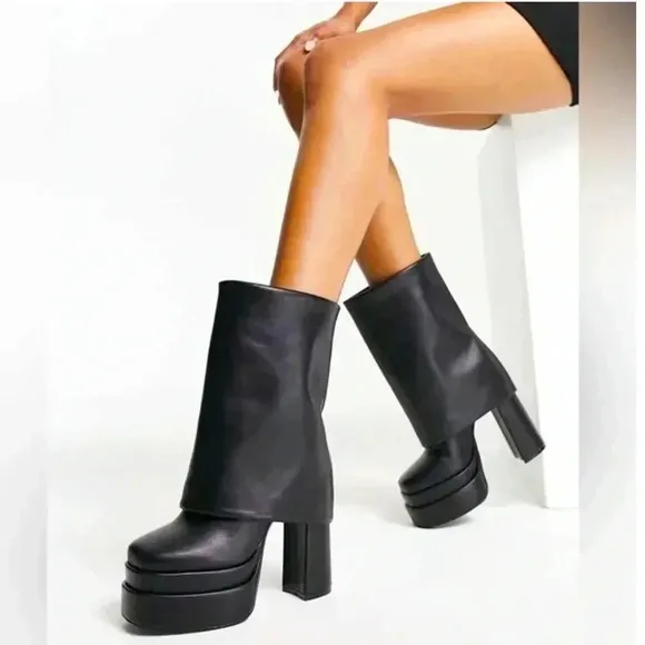 NEW AZALEA WANG Black Faux Leather 'Baby' Foldover Platform Chunky Heel Boots 9