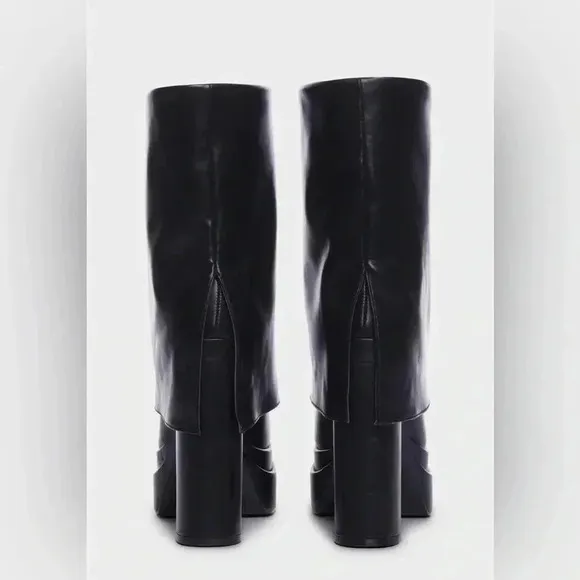 NEW AZALEA WANG Black Faux Leather 'Baby' Foldover Platform Chunky Heel Boots 9