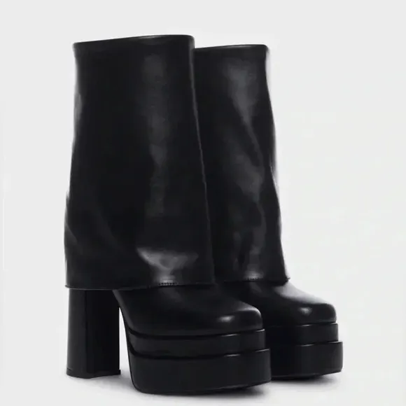 NEW AZALEA WANG Black Faux Leather 'Baby' Foldover Platform Chunky Heel Boots 9