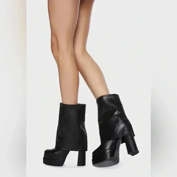 NEW AZALEA WANG Black Faux Leather 'Baby' Foldover Platform Chunky Heel Boots 9