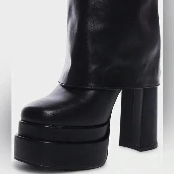 NEW AZALEA WANG Black Faux Leather 'Baby' Foldover Platform Chunky Heel Boots 9