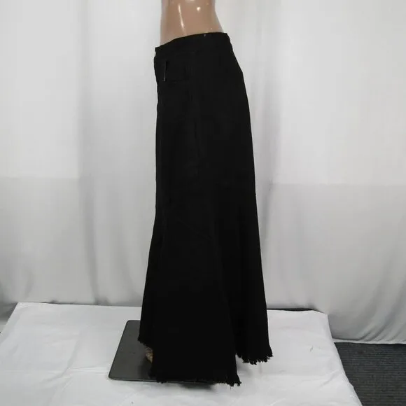 NEW BYRD Women’s Delle Maxi Skirt Black Size L Denim Flare Hem Fringe Detail