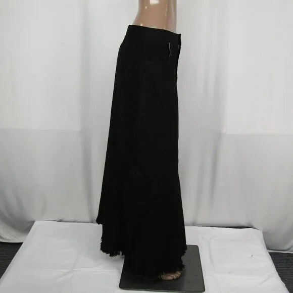 NEW BYRD Women’s Delle Maxi Skirt Black Size L Denim Flare Hem Fringe Detail