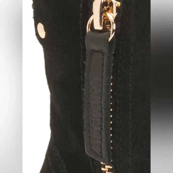 new CARMELA Suede Heeled Booties  Side Zipper And Gold Studs $165 retail