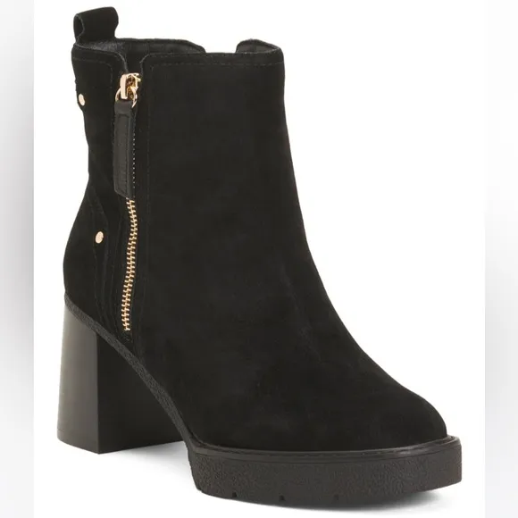 new CARMELA Suede Heeled Booties  Side Zipper And Gold Studs $165 retail
